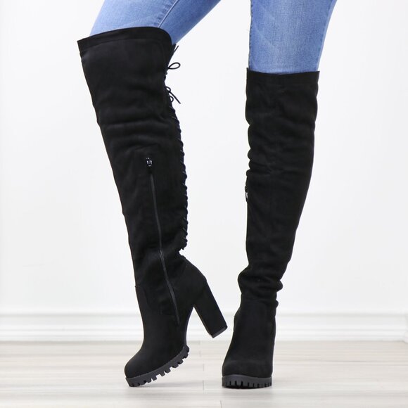 Full Lace-Up Back Black Faux Suede Thigh High Over The Knee Lug Block Heel Boots - Picture 13 of 14